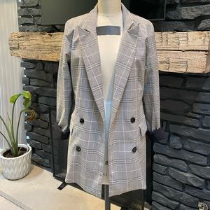 RACHEL ZOE Double Breasted Pink Black Brown Plaid Blazer Size M